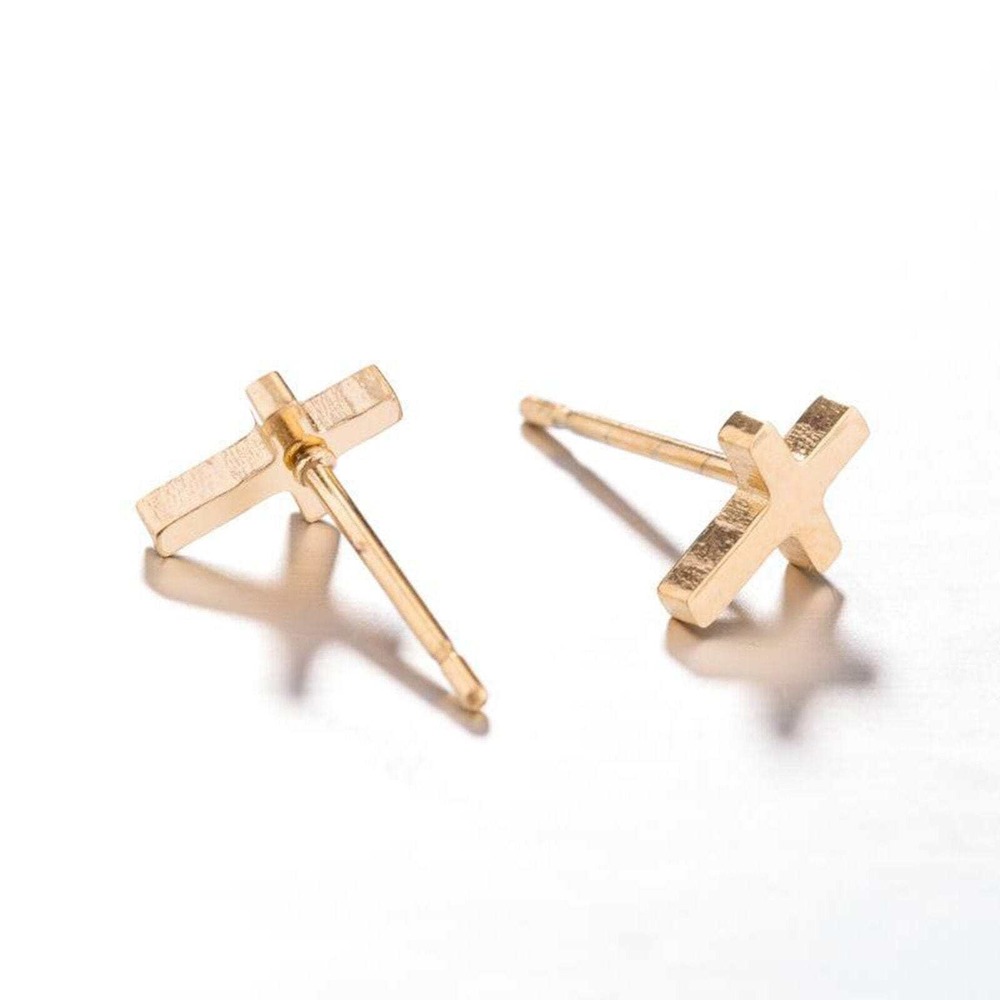 Gold Cross Stud Earrings – Minimal Faith Jewelry, Hypoallergenic Everyday Studs - Picture 6 of 7